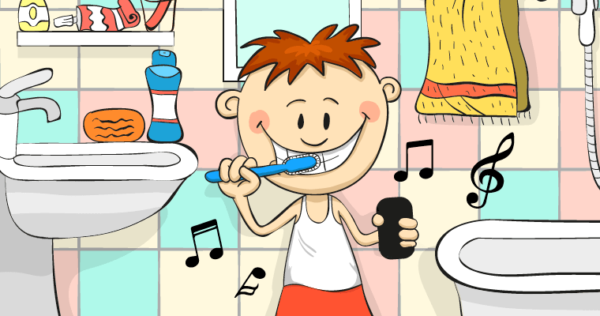 Child standing toward the sink brushing teeth with the Brush DJ App